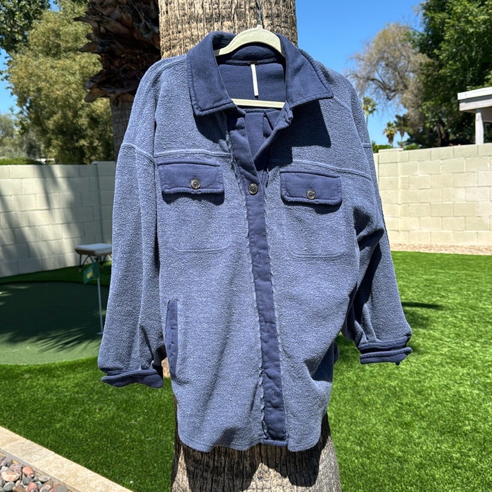 Free People Women's Small Ruby Oversized Boho Jacket Indigo Blue Shacket - XS